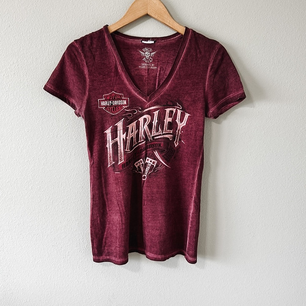 Biker Built Burgundy/Purple Harley V Neck Tee XS/S St. Croix Wisconsin